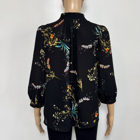 Worthington Petite Black Floral Pullover Blouse 3/4 Sleeve Stand-up Collar, M - Picture 4 of 14
